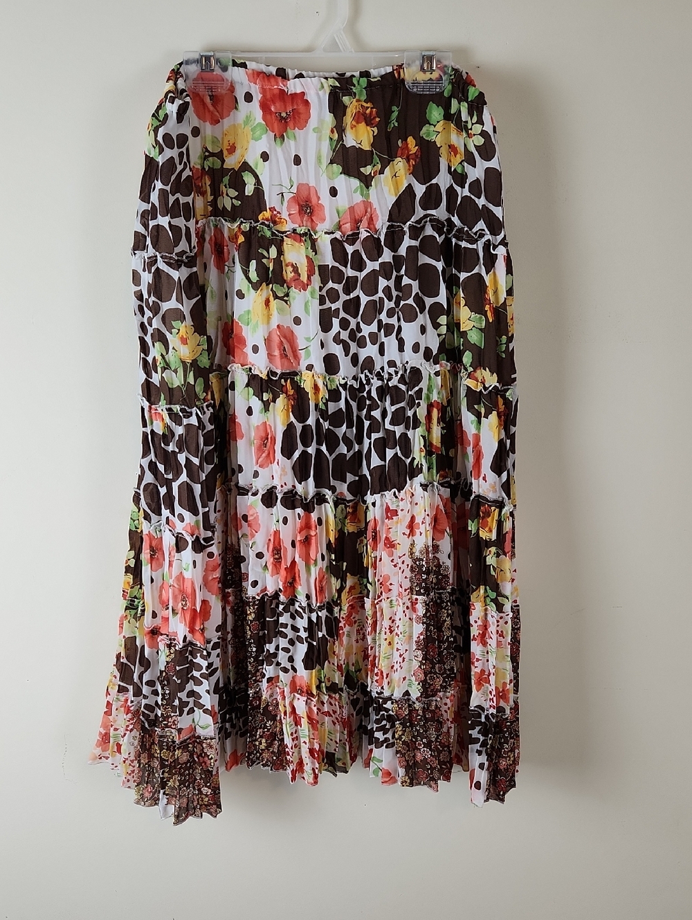 Floral & Animal Print Tiered Maxi Skirt - White Brown Pink Medium
